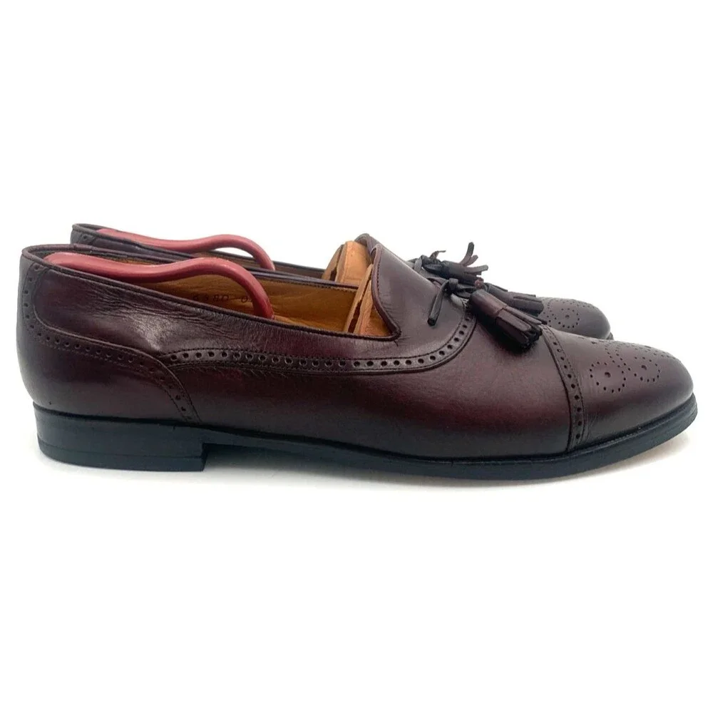 Mezlan Havana Burgundy Leather Tassel Cap Toe Slip On Loafer Shoes Men's SZ 9.5B